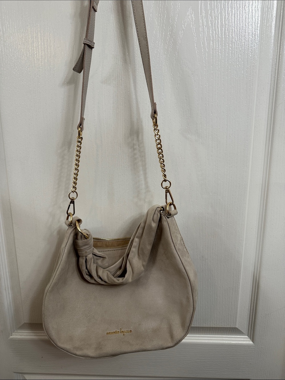 Nanette Lepore taupe suede shoulder bag with gold chain